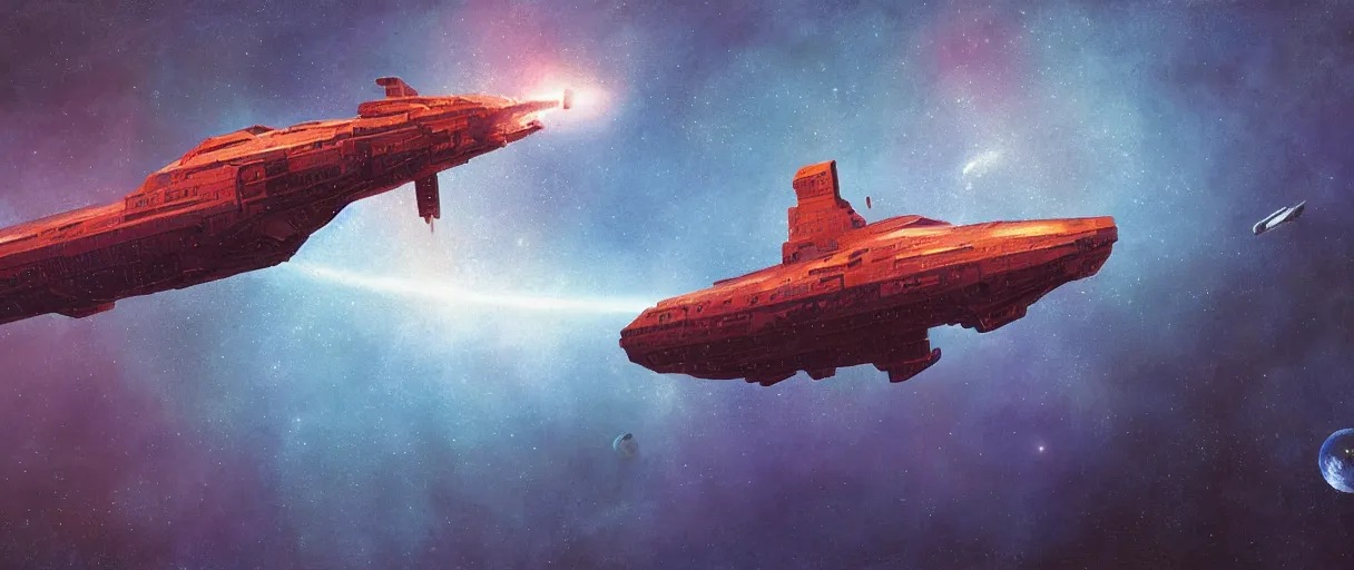 Image similar to illustration, a single small spaceship, deep space exploration, alone, the expanse tv series, industrial design, nebula, cinematic lighting, 4k, greebles, widescreen, wide angle, sharp and blocky shapes, rich colors, highly detailed painting, beksinski