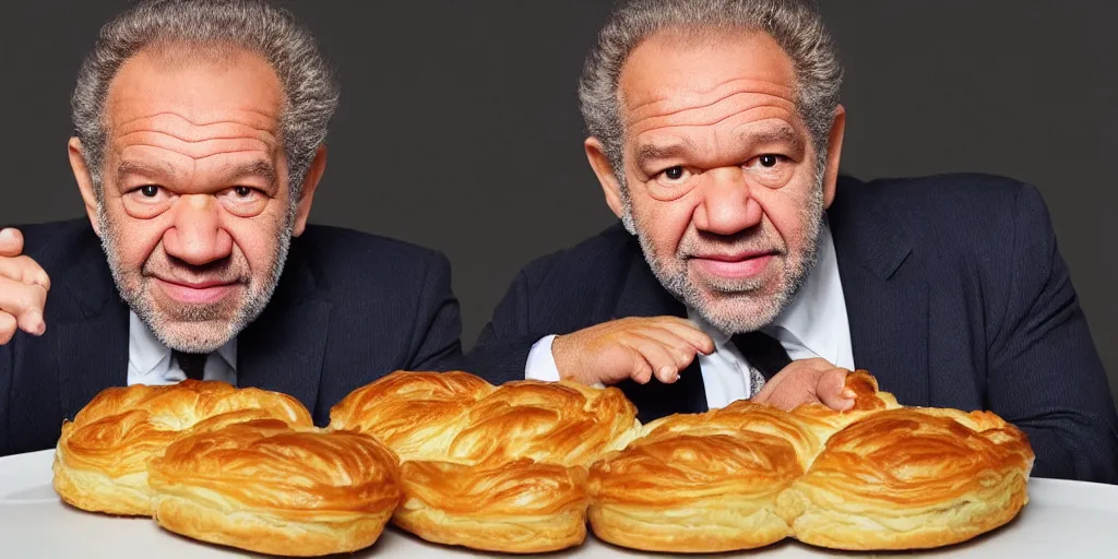 Prompt: alan sugar with really long arms holding some pastry pets