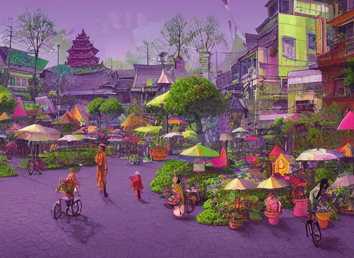 Prompt: bangkok townsquare, summer morning, very coherent and colorful high contrast, art by gediminas pranckevicius, geof darrow, dark shadows, hard lighting