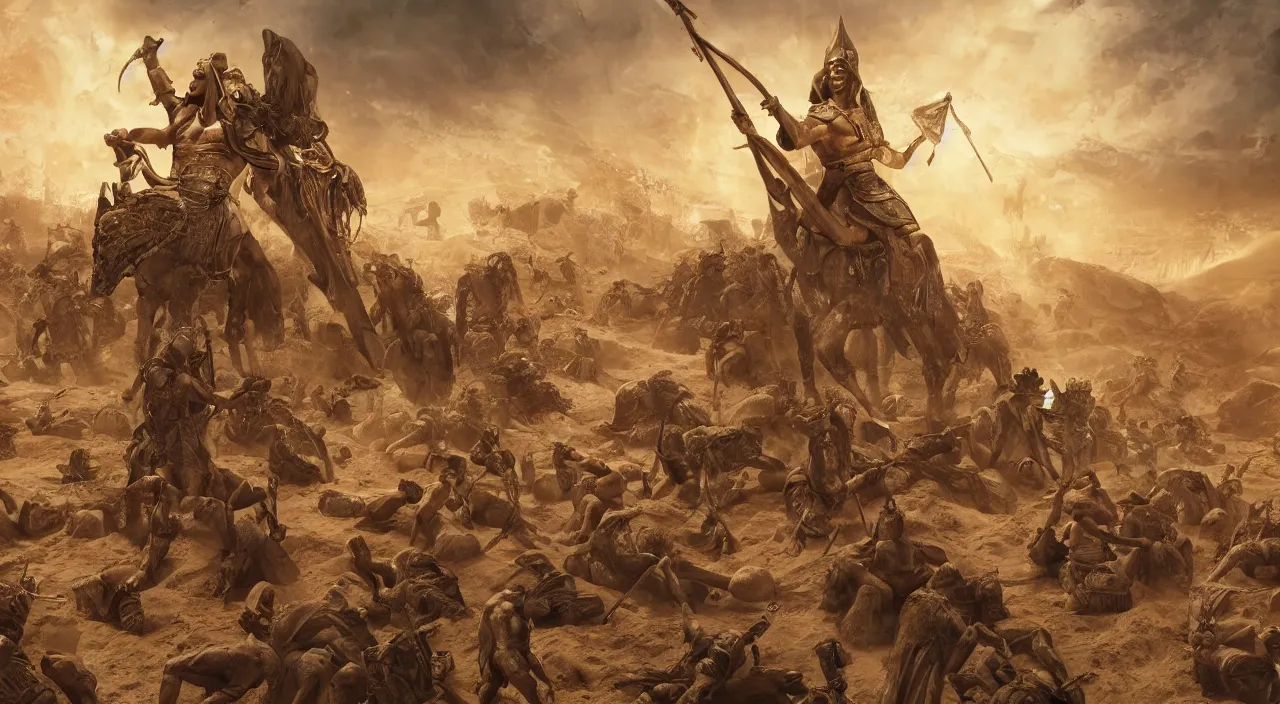 Image similar to the emperor of egypt commanding his sand soldiers to fight for him, large scale, breathtaking, mixed media, digital art, trending on artstation, 8k, epic composition, highly detailed, AAA graphics