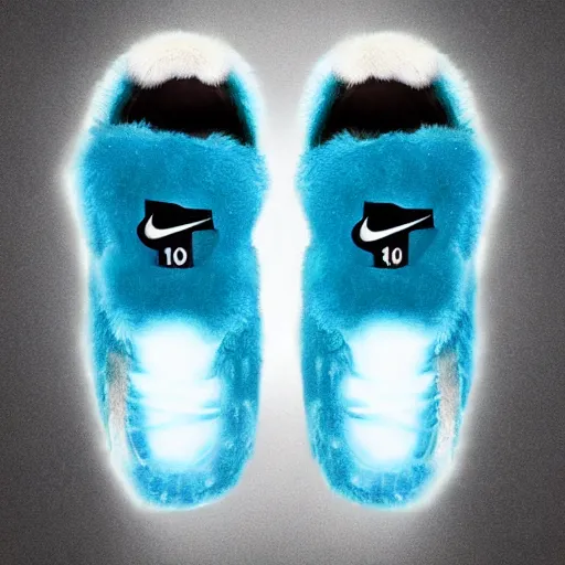 Image similar to poster nike shoe inspired by slippers made of very fluffy cyan and black faux fur placed on reflective surface, professional advertising, overhead lighting, heavy detail, realistic by nate vanhook, mark miner