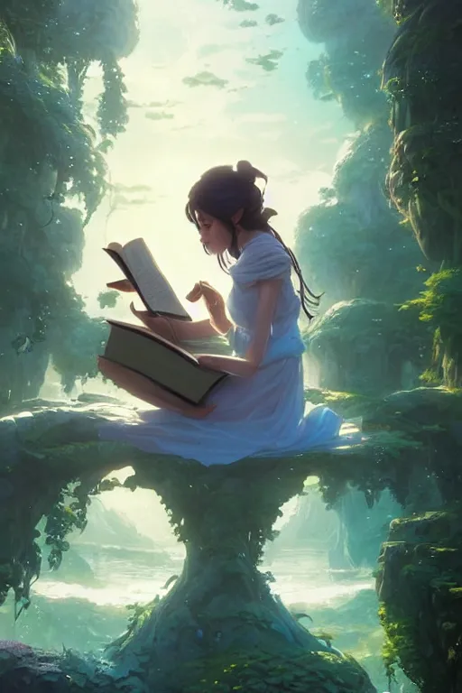 Image similar to highly detailed portrait of beautiful girl reading a book in avatar, dynamic pose, stephen bliss, unreal engine, fantasy art by greg rutkowski, loish, rhads, ferdinand knab, makoto shinkai and lois van baarle, ilya kuvshinov, rossdraws, tom bagshaw, global illumination, radiant light, detailed and intricate environment