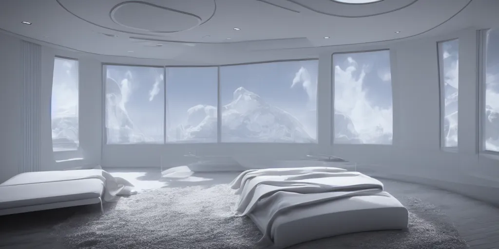 Image similar to a white futuristic bed in a futuristic minimalistic room with a huge window overlooking space, photorealistic, cinematic, octane render