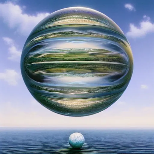 Prompt: A hyper-realistic low angle wide shot matte painting of an impossible floating sphere of water by Alex Grey and John Harris and Stephan Martiniere. Subject in view, symmetrical composition, f11