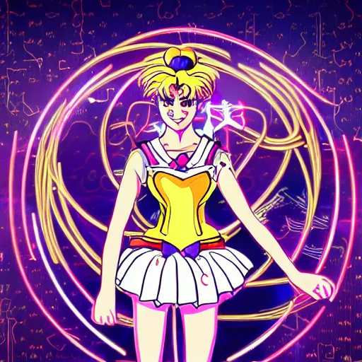 Prompt: portrait of sailor moon with arm tattoos, in the style of cyberpunk on the background of neon signs, symmetrical, single person