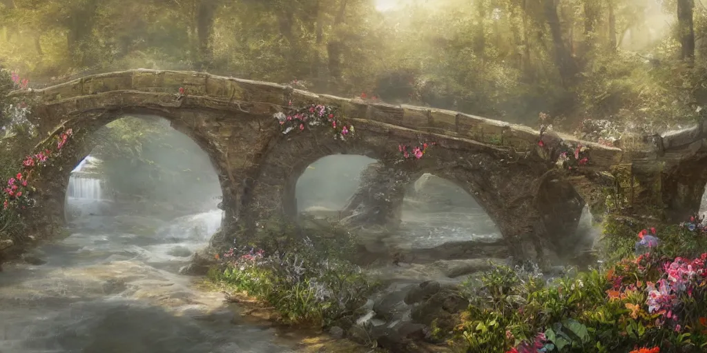Image similar to matte painting of an old mason bridge decorated with flowers alongside above a small river stream, realistic, 4 k, artstation, dreamy, fog, volumetric lighting