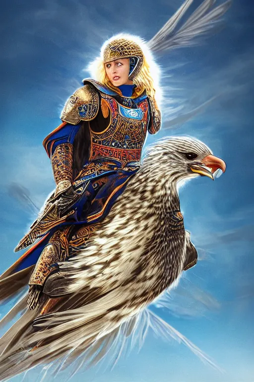 Image similar to realistic detailed photo of ladyhawke, soaring through the sky, blue eyes, woven armour with , intricate complexity, Behance, golden ratio, +fibanci background, vray, rich deep colors