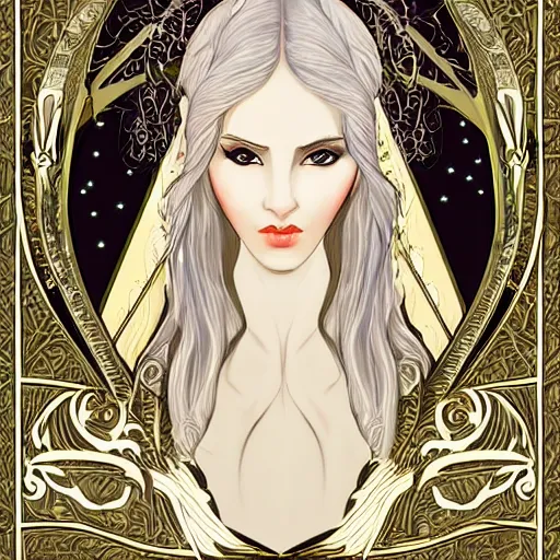 Prompt: seductive eyes, ethereal white witch girl portrait, art nouveau, fantasy, intricate designs, elegant, highly detailed, sharp focus, galaxies, female