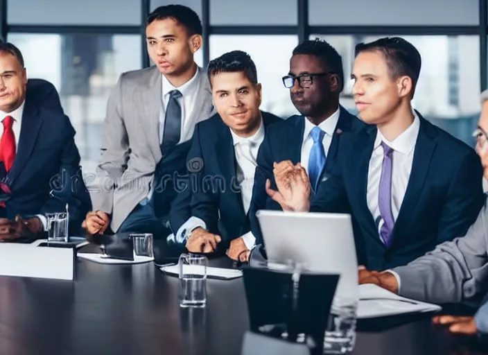 Prompt: photo of cats dressed in suits attending a management board meeting. Highly detailed 8k. Intricate. Sony a7r iv 55mm. Stock photo.