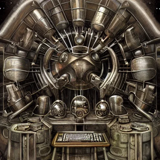 Image similar to Steam computer in ancient time surrounded by apes, highly detailed, highly realistic, artstation, by Hans Giger