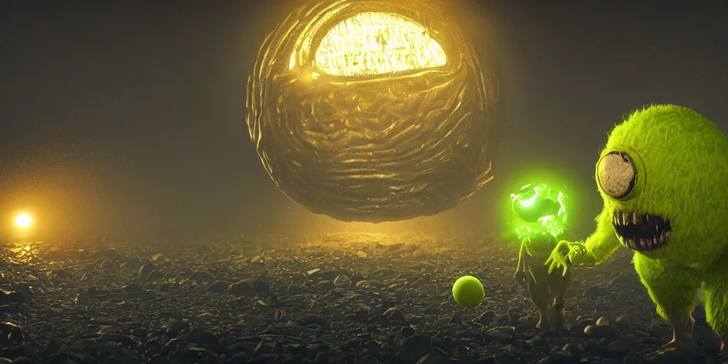 Image similar to a photo of 8 k ultra realistic giant tennis ball monster, tennis ball monsters, creepy, weird, horror, funny, exotic, cinematic lighting, trending on artstation, 4 k, hyperrealistic, focused, high details, unreal engine 5, cinematic, bright alien planet atmosphere in background, 3 d render by basil gogos and beeple