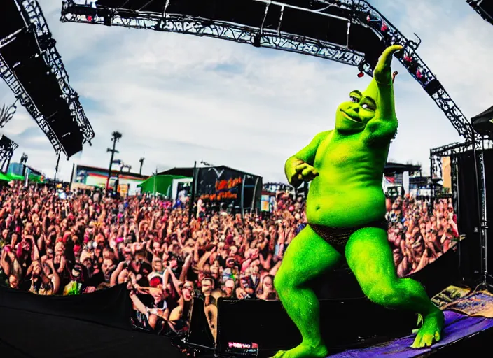 Prompt: photo still of shrek at the vans warped tour 2 0 1 8!!!!!!!! at age 3 6 years old 3 6 years of age!!!!!!!! getting lit in the pit, 8 k, 8 5 mm f 1. 8, studio lighting, rim light, right side key light