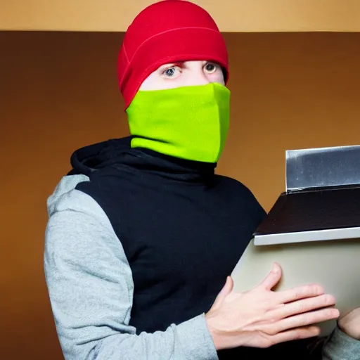 Prompt: Stock photo of a human burglar wearing a ski mask using a pizza box like a laptop, funny, bizzare