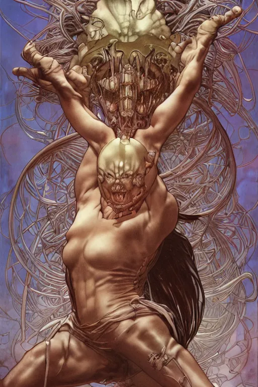 Image similar to rage, by artgerm and yoshitaka amano and moebius and hr giger and zdislaw beksinski and hajime sorayama and alphonse mucha