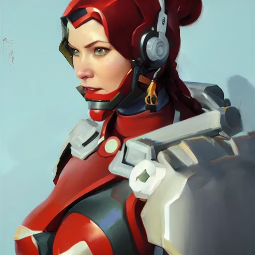 Image similar to greg manchess portrait painting of a female ironman as overwatch character, medium shot, asymmetrical, profile picture, organic painting, sunny day, matte painting, bold shapes, hard edges, street art, trending on artstation, by huang guangjian, gil elvgren, ruan jia, greg rutkowski, gaston bussiere