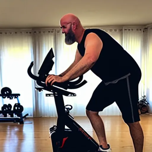 Image similar to chonky bald, grey trimmed bearded ethan van sciver working out vigorously on his peloton exercise bike