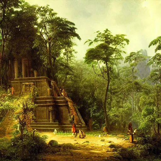 Image similar to aztec temple in the jungle overgrown with vegetation, painting by andreas achenbach