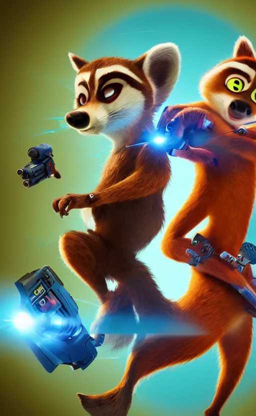 Image similar to “red racoon holding laser gun facing off with blue racoon holding laser gun, cinematic, dramatic in the style of zootopia”