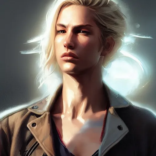 Image similar to hot looking blonde girl wearing jacket, light stubble, digital art, photorealistoc, art by greg rutkowski, hyperdetailed, western comic style, comic, comic style, sharp lineart, professional lighting, deviantart, artstation, trevor henderson, rossdtaws, cinematic, dramatic