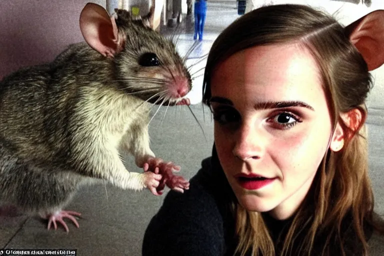 Prompt: selfie, emma watson as anthropomorphic furry - rat, she is rat, cats around, eating cheese, highly detailed, intricate details