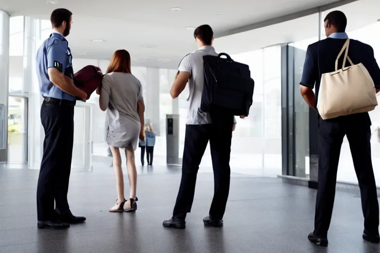 Prompt: tall, broad shouldered, security guard checks the bags of a worried looking couple, man and woman