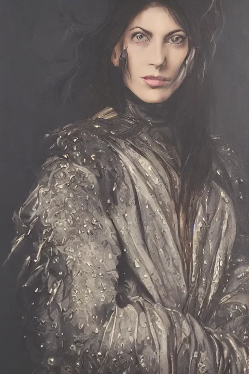 Image similar to hyperrealism oil painting, close - up portrait of european medieval brunette vampire fashion model, knight, steel gradient mixed with nebula sky, in style of baroque