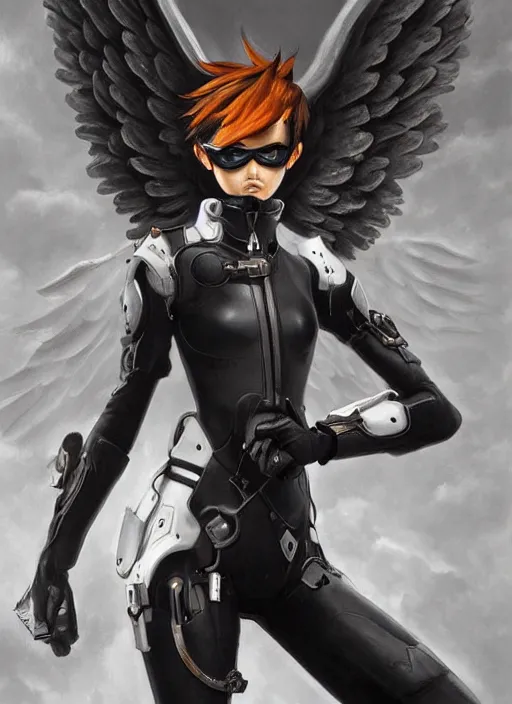 Prompt: full body artwork of tracer overwatch, wearing leather outfit, in style of zdzisław beksinski, angel wings, dramatic painting, symmetrical composition, wearing detailed steel collar, black shiny armor, chains, black harness, detailed face and eyes,