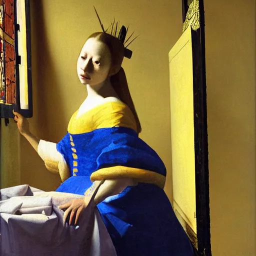 Image similar to high quality high detail painting by johannes vermeer, portrait of the dragon queen, hd, photorealistic lighting