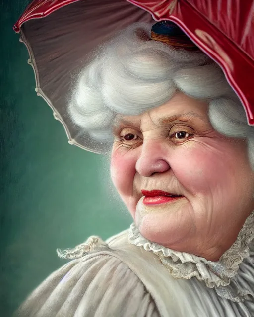 Prompt: highly detailed closeup, of a fat shiny ceramic white hair old wrinkled woman dressed in victorian hat and clothes holding an umbrella over her head, hyper realistic, artstation, illustration, nicoletta ceccoli, mark ryden, lostfish, dan decarlo, bob clampett, max fleischer, digital paint, matte paint, vivid colors, detailed and intricate environment