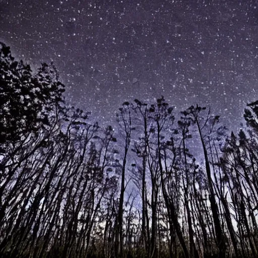 Image similar to wrought silver forest under a moonlit star filled sky filled with fireflies