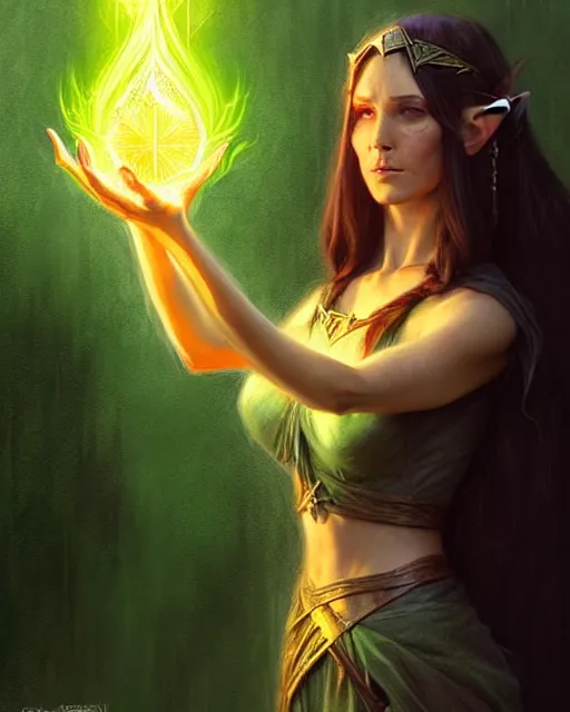 Image similar to a female elvish sorceress casting a green fireball | | pencil sketch, realistic shaded, fine details, realistic shaded lighting poster by greg rutkowski, magali villeneuve, artgerm, jeremy lipkin and michael garmash and rob rey