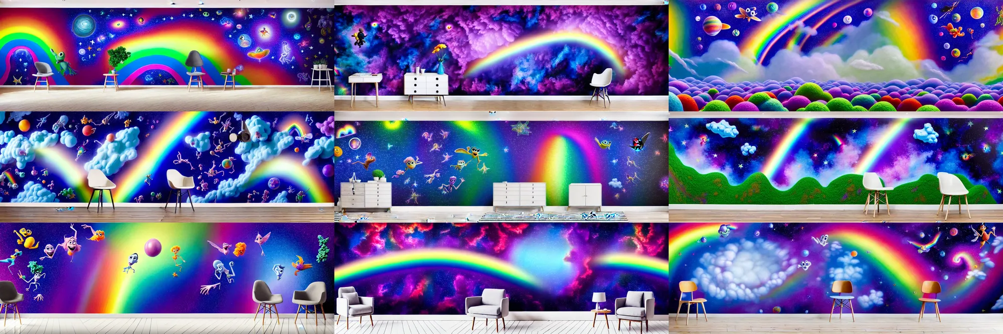 Prompt: an ultradetailed pixar-style stop motion claymation mural, depicting a hundred unique framed hyperrealist portraits of ethereal biblically accurate celestial creatures beyond our comprehension on top of high-contrast flowfield rainbow wallpaper