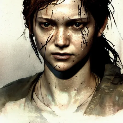 Image similar to full figure elle from last of us, hyperrealistic, art of elysium by yoji shinkawa and by jeremy mann and alphonse mucha, fantasy art, photo realistic, dynamic lighting, artstation, poster, volumetric lighting, very detailed face, 4 k, award winning