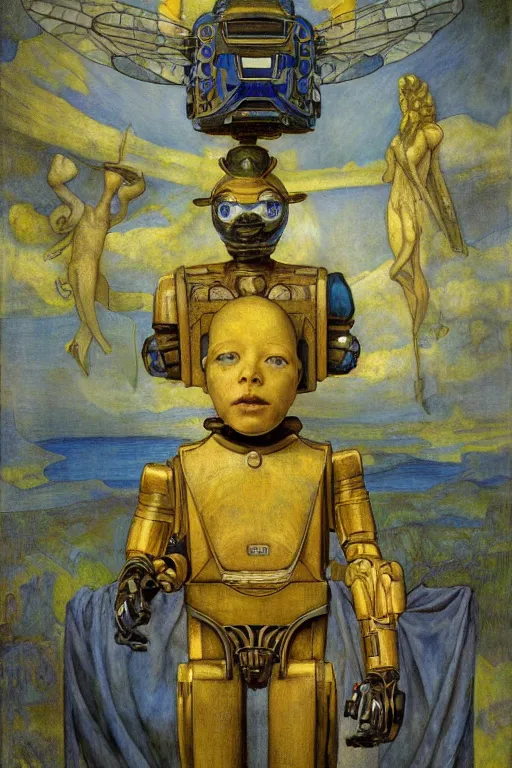 Image similar to the robot king in his bee crown and regalia stands by the window at dusk,by Annie Swynnerton and Diego Rivera and Elihu Vedder, symbolist, dramatic lighting, elaborate geometric ornament, Art Brut, soft blues and greens,smooth, sharp focus, extremely detailed, Adolf Wölfli and (Evelyn De Morgan)