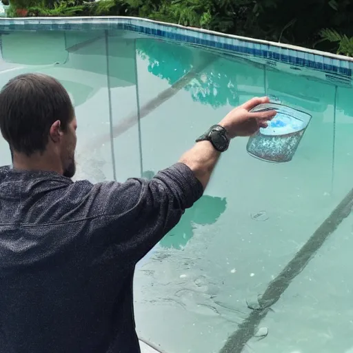 Prompt: a man touching a pool of liquid that shows a reflection of a ghost