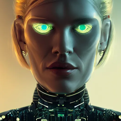 Image similar to panorama of a very pretty blond borg queen on a borg ship, cybernetic implants, perfect face, symmetrical face, moody lighting, shallow depth of field, artstation concept,