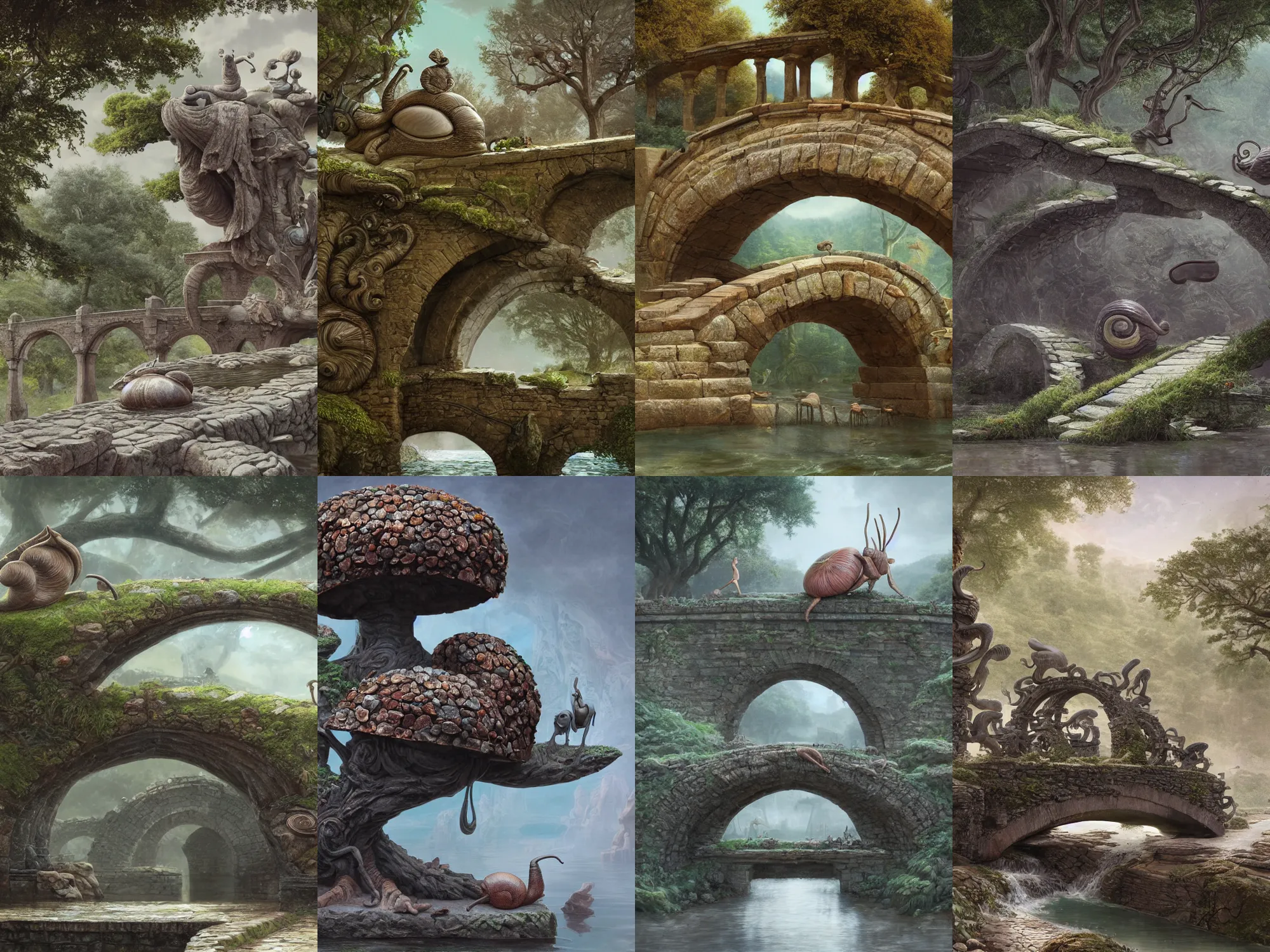 Prompt: a snail on an old stone bridge with sculptures, trees in the background, art by James Jean and Wayne Barlowe, high detail, cinematic, cgsociety 8k