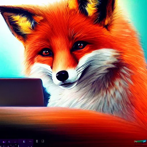 Prompt: portraite of a cute fox sitting in front of laptop, by artgerm, andrei riabovitchev, vivid colors, orange glow