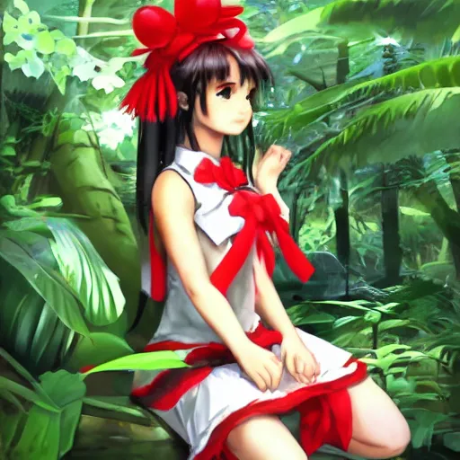 Prompt: a imaginefx cgsociety of reimu in the jungle wearing bonnet