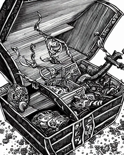 Image similar to a treasure chest closed, black and white, fantasy art, object art, in the style of masami kurumada, illustration, epic, fantasy, intricate, hyper detailed, artstation, concept art, smooth, sharp focus, ray tracing