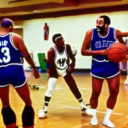 Image similar to candid shot of Wilt Chamberlain playing basketball with Looney Toons characters in Space Jam