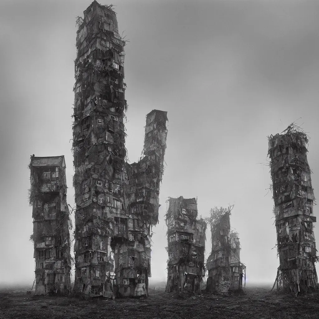 Prompt: two towers, made up of makeshift squatter shacks, misty, dystopia, mamiya rb 6 7, fully frontal view, very detailed, digital glitches, photographed by ansel adams