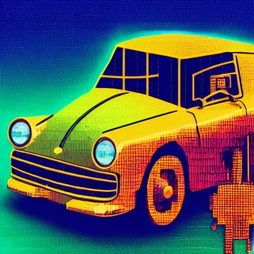 Prompt: A car, ASCII, by Dr. Seuss, Teslacoil, 1300s, 4k, Medium Shot, CGsociety, Synthwave, Teslacoil, 4-Dimension, 2040s, Steampunk