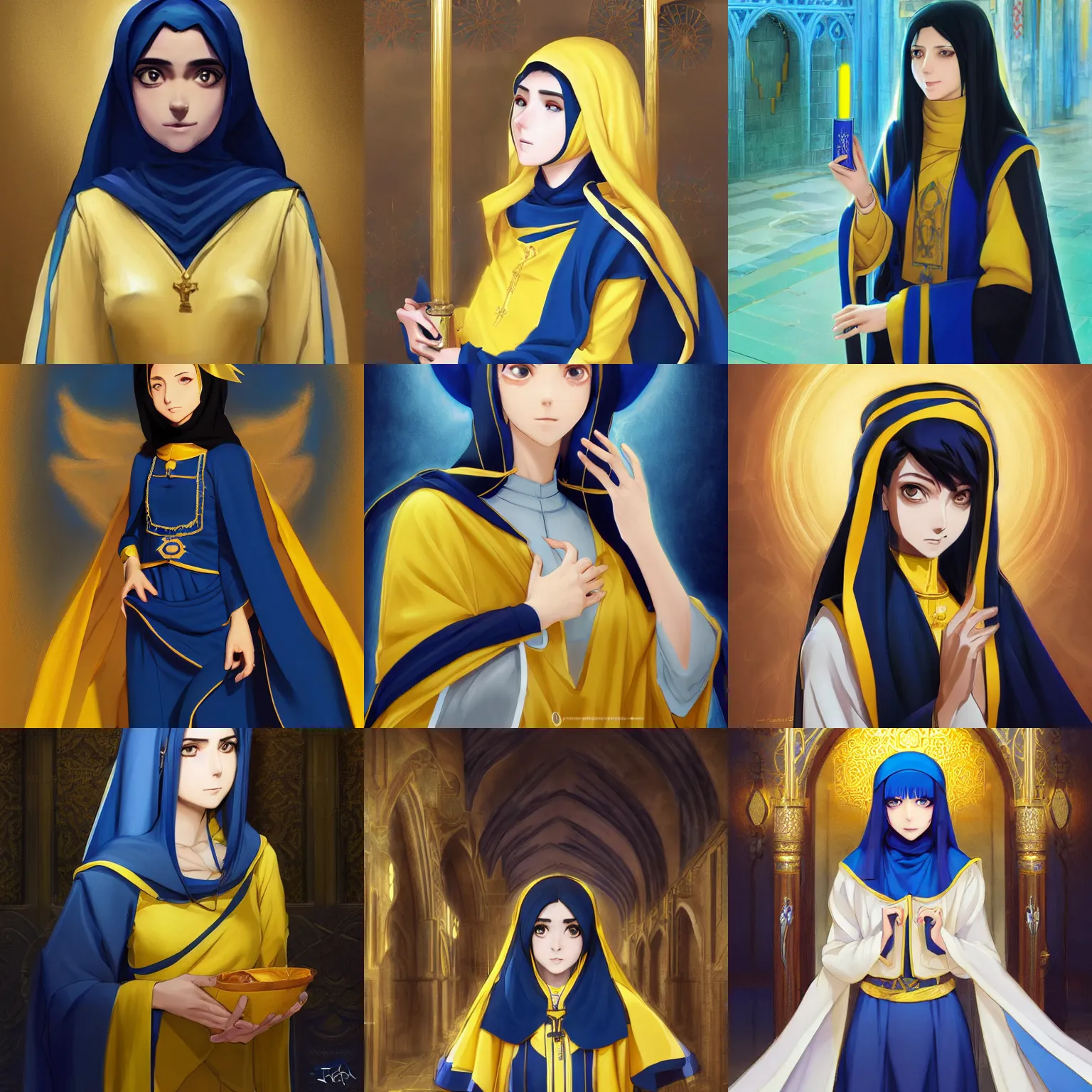 Prompt: portrait of a middle - eastern female cleric with straight black hair wearing blue and yellow vestments in a temple, half body, single subject, ambient lighting, highly detailed, digital painting, trending on pixiv fanbox, studio ghibli, extremely high quality artwork, art by ross tran and artgerm and makoto shinkai