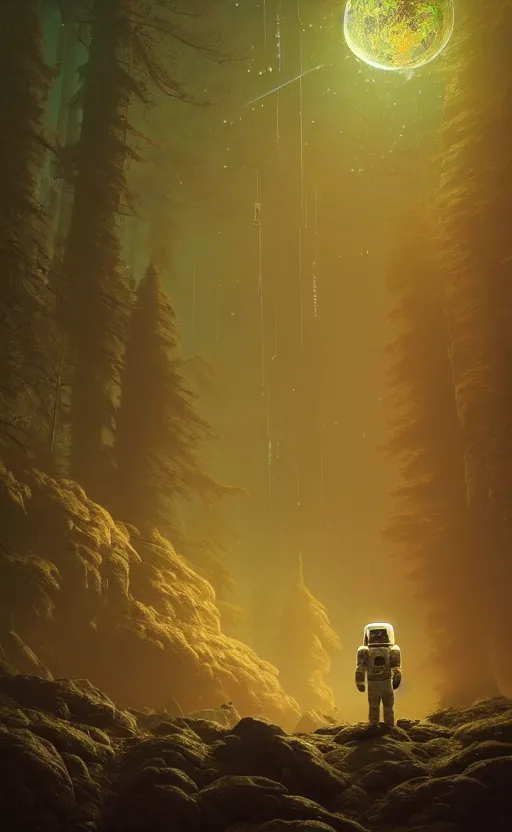 Image similar to A astronaut gazing upon an amazing alien forest landscape, digital art, breathtaking, golden ratio, extremely detailed, establishing shot, hyperrealistic, cinematic lighting, particles, unreal engine, simon stålenhag, rendered by Beeple, Makoto Shinkai, syd meade, simon stålenhag, Ruan Jia, Kentaro Miura, environment concept, artstation, octane render, 8K UHD image