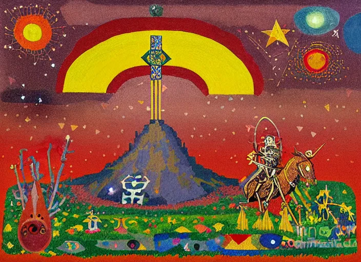 Image similar to pixel decollage painting tarot lovers card composition tower of babel road red armor maggot bear and wonky alien frog skeleton knight on a horse in a dark red cloudy night sky with golden foil jewish stars and diamonds, mountain lake and blossoming field in background, painted by Mark Rothko, Helen Frankenthaler, Danny Fox and Hilma af Klint, pixelated, neo expressionism, semi naive, pastel colors, cinematic, color field painting, cave painting, voxel, pop art look, outsider art, minimalistic. Bill Traylor painting, part by Philip Guston and Francis Bacon. art by Adrian Ghenie, very coherent symmetrical artwork, cinematic, hyper realism, high detail, octane render, unreal engine, Smooth gradients, depth of field, full body character drawing, extremely detailed, 8k, extreme detail, intricate detail, masterpiece