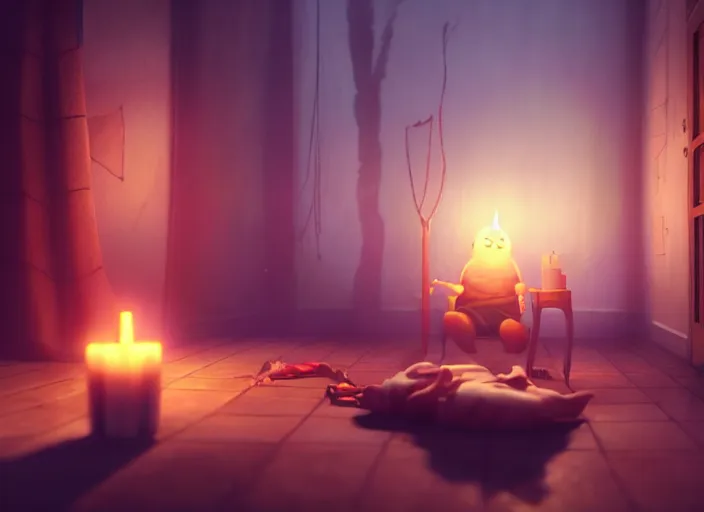 Image similar to a night scary sleepover, being lit by candles, medium shot, studio ghibli, pixar and disney animation, sharp, rendered in unreal engine 5, anime key art by greg rutkowski, bloom, dramatic lighting