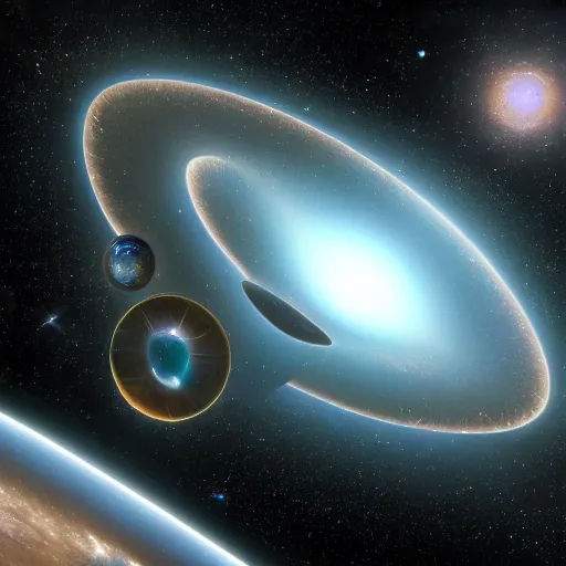 Image similar to Picture of Hoag's Object Ring galaxy surrounded by Mothership ashtar command stunning photorealistic 4k