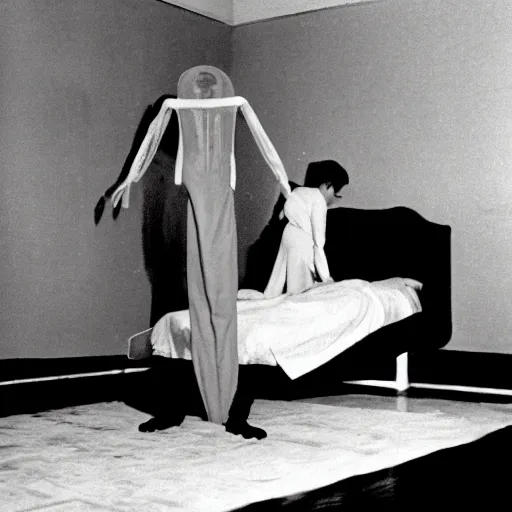 Image similar to a 1960 photo of exorcism,room ,levitating person