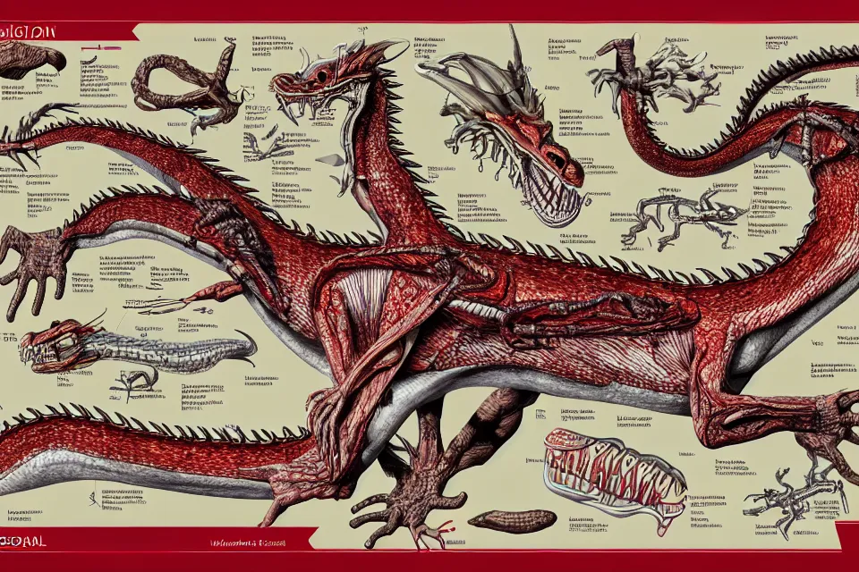 Image similar to medical illustration of a dragon's anatomy, with labels. high quality, highly detailed, professional medical illustration.